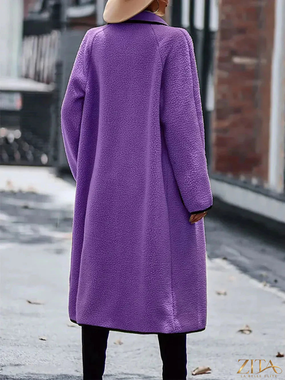 Zita La Belle Elite full size long sleeve coat with contrast trim and front pockets, stylish and warm outerwear for cold weather.