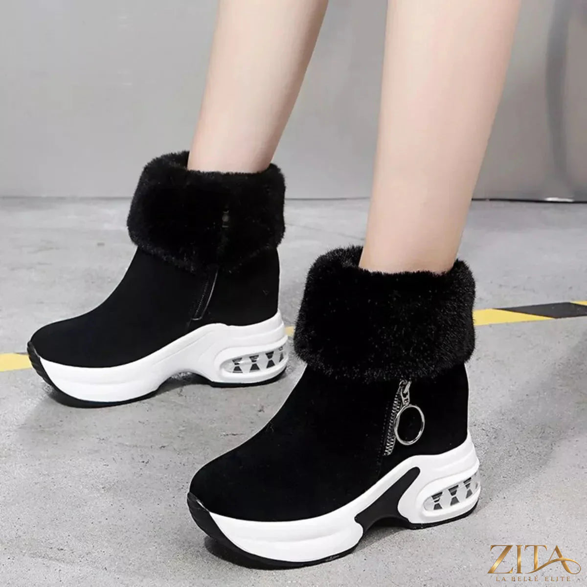 Zita La Belle Elite fuzzy side zipper platform ankle boots with chunky heel and stylish design.