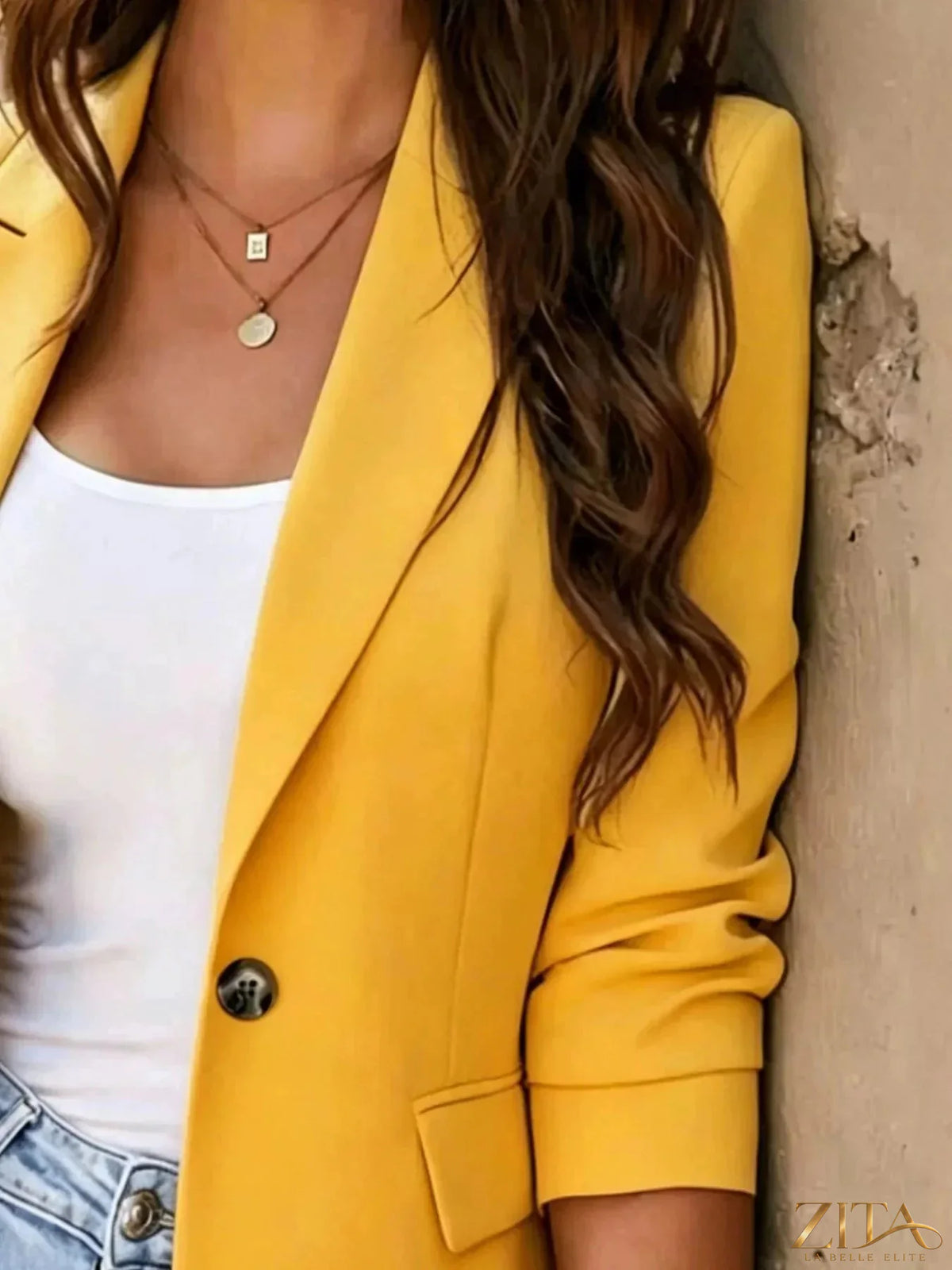 Plus size Zita La Belle Elite blazer with full size, single-breasted design, lapel collar, and tailored fit in the image.