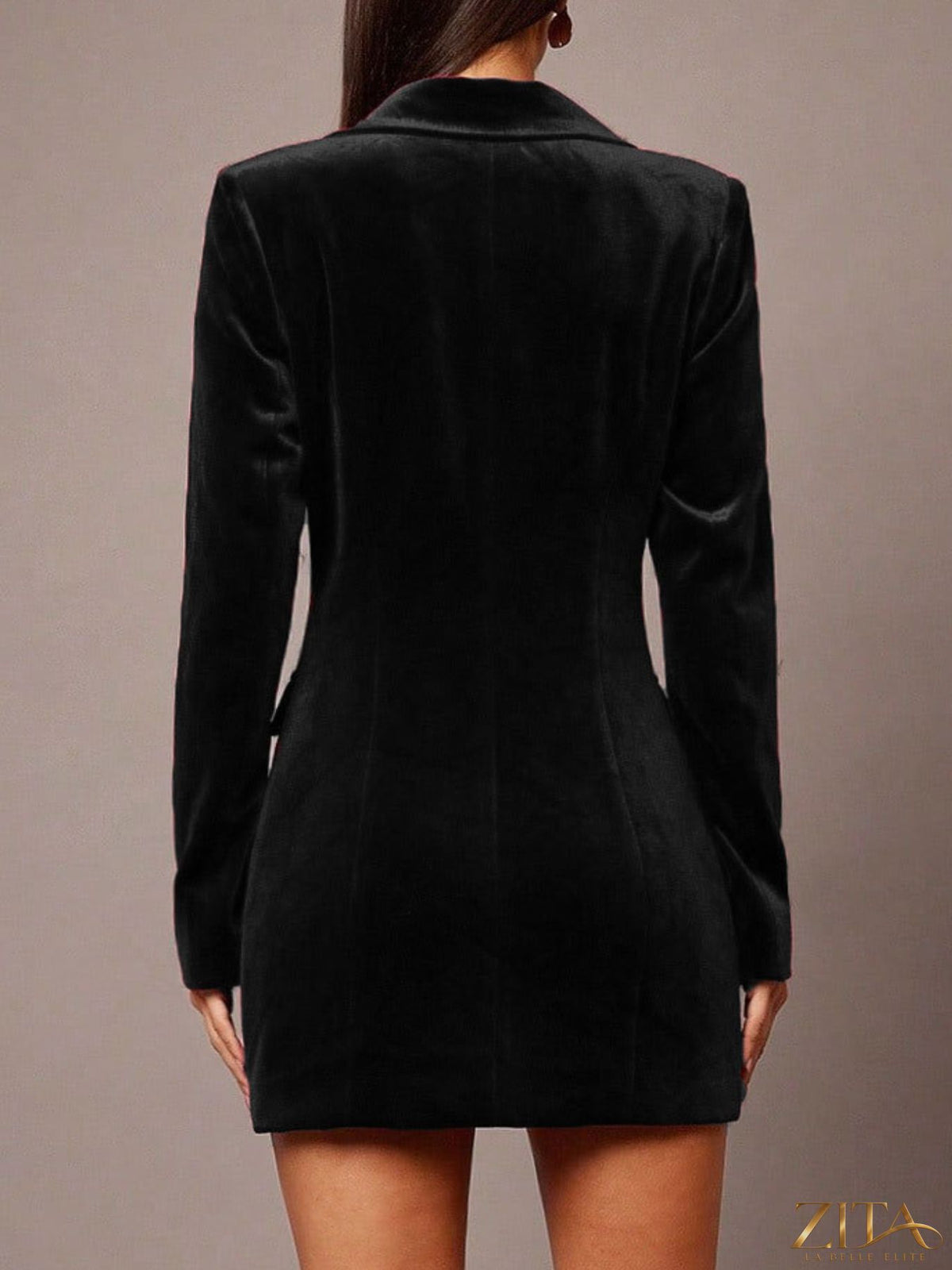 Velvet double-breasted blazer dress by Zita La Belle Elite, featuring a fitted silhouette and classic lapel design.