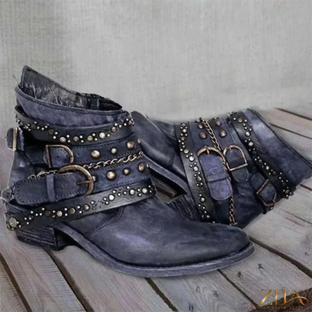 Zita La Belle Elite studded buckle ankle boots with leather finish and decorative metal studs, stylish footwear for casual or edgy looks.