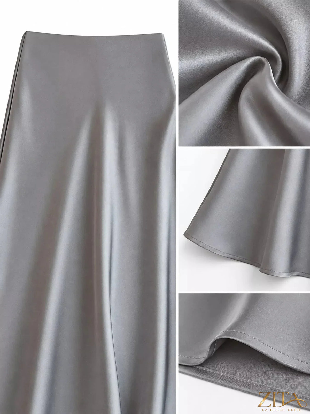 Plus size high-waisted satin midi skirt in a full size, featuring a smooth, glossy fabric and elegant design.