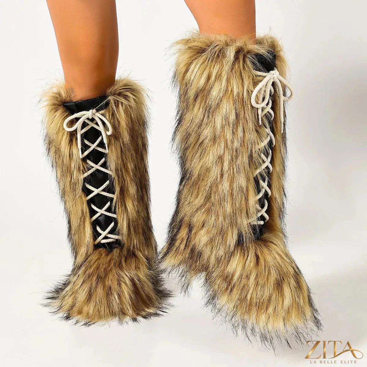 Luxury faux fur lace-up winter boots by Zita La Belle Elite featuring plush fur trim and sturdy soles for stylish warmth.