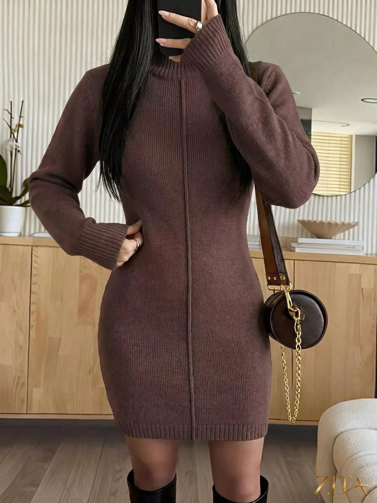 Zita La Belle Elite ribbed knit turtleneck sweater dress, showcasing a fitted, cozy design in a neutral tone.