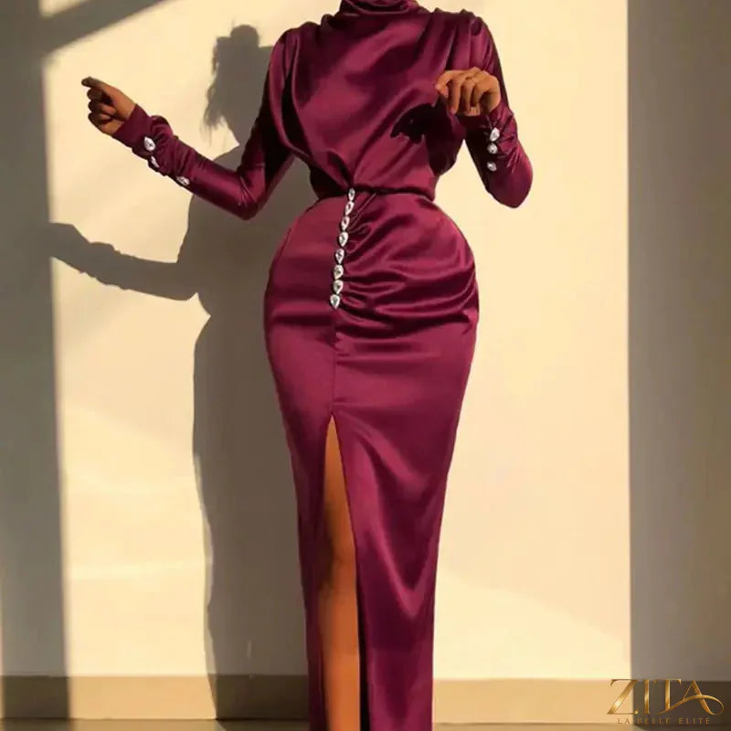 Women’s long sleeve high waist split evening dress by Zita La Belle Elite, featuring a sexy design and elegant style.