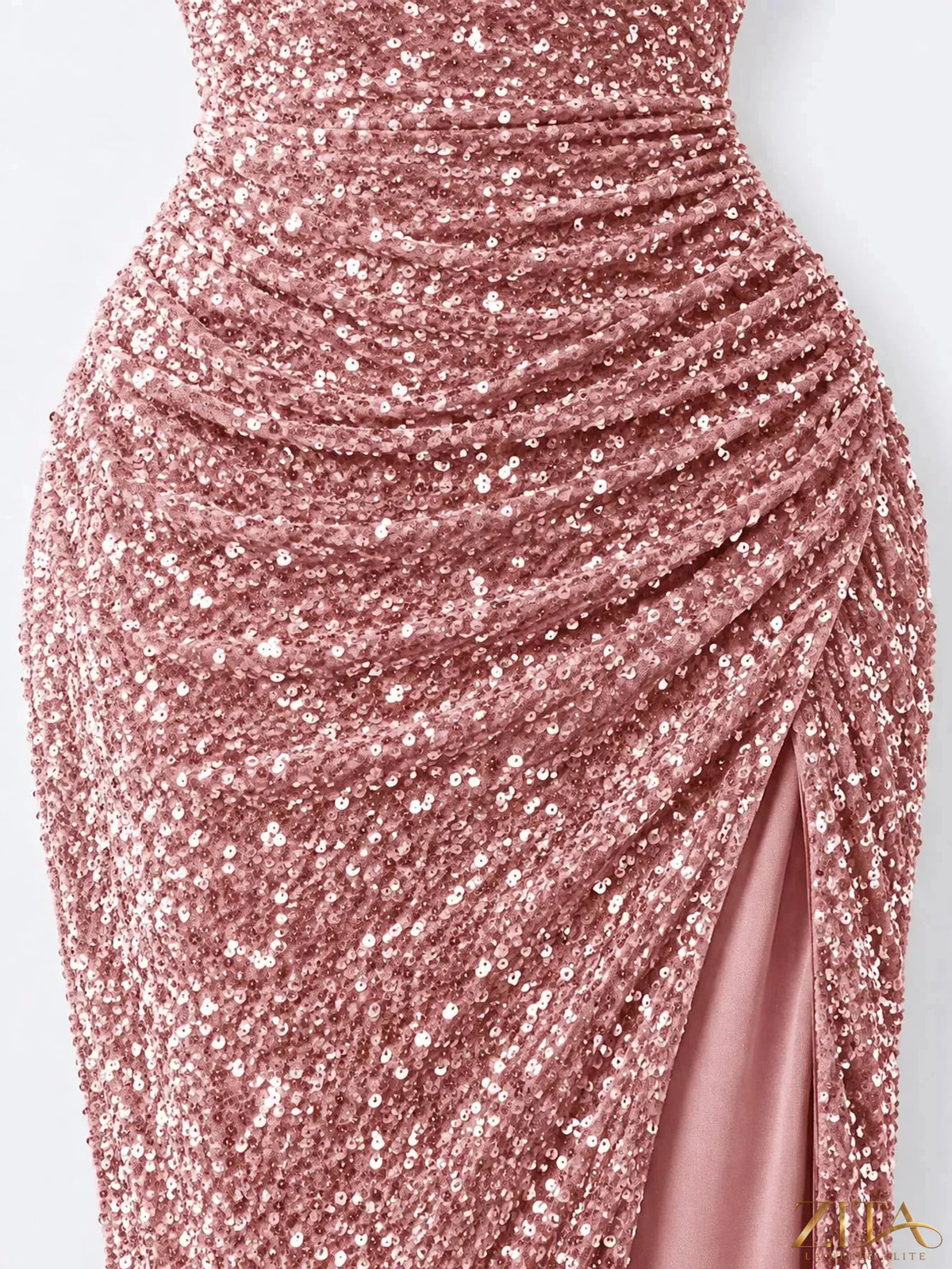 Zita La Belle Elite one-shoulder ruched sequin evening dress with high slit, elegant formal gown for special occasions.