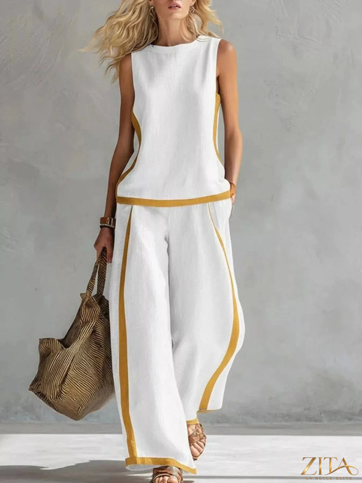 Zita La Belle Elite sleeveless tank top and wide-leg pants set shown in a stylish casual outfit, with a relaxed fit and modern design.