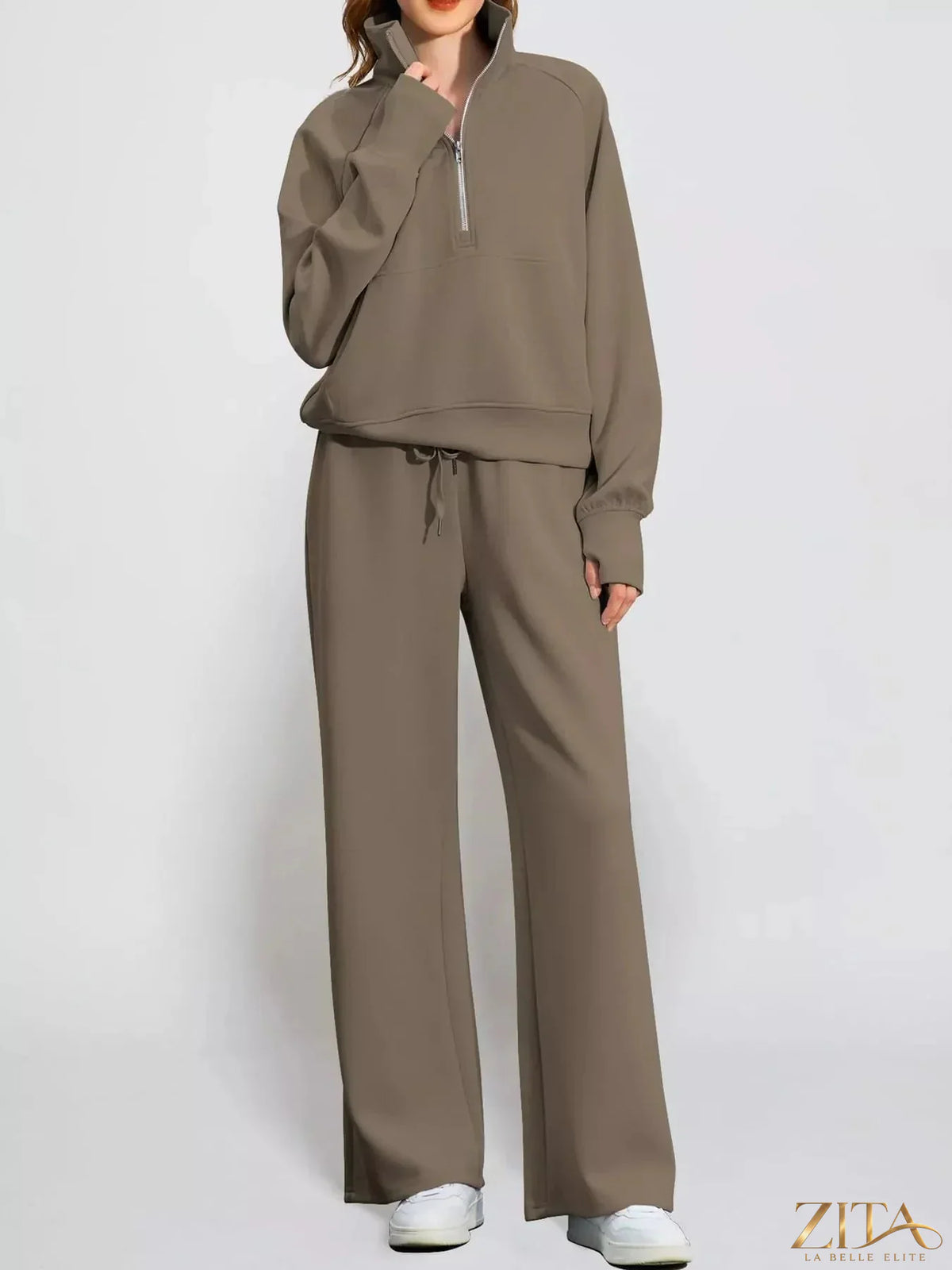 Zita La Belle Elite half-zip sweatshirt and wide-leg pants set in soft fabric, shown in a stylish, casual wear style.