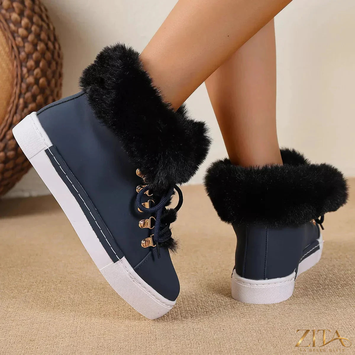 Zita La Belle Elite round toe platform boots with chunky sole and sleek black leather finish.