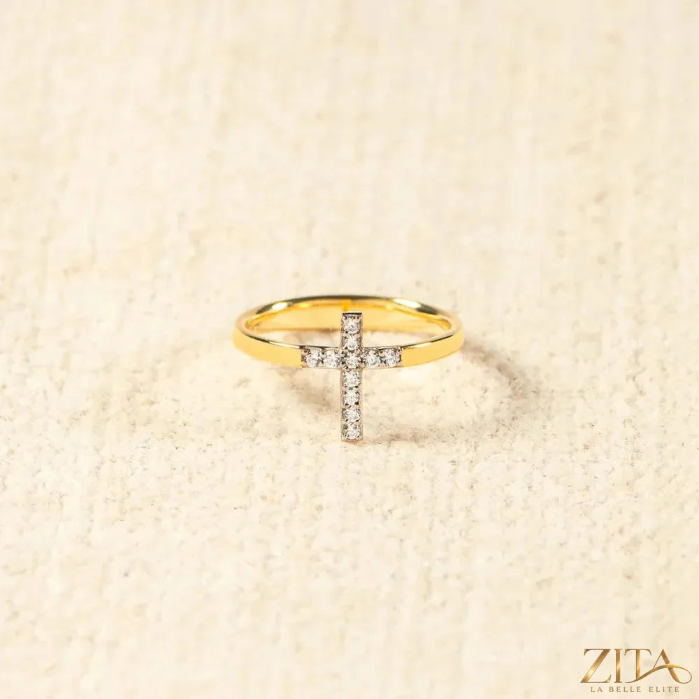 925 sterling silver inlaid zircon cross ring by Zita La Belle Elite, featuring a detailed silver band with sparkling zircon inlay.