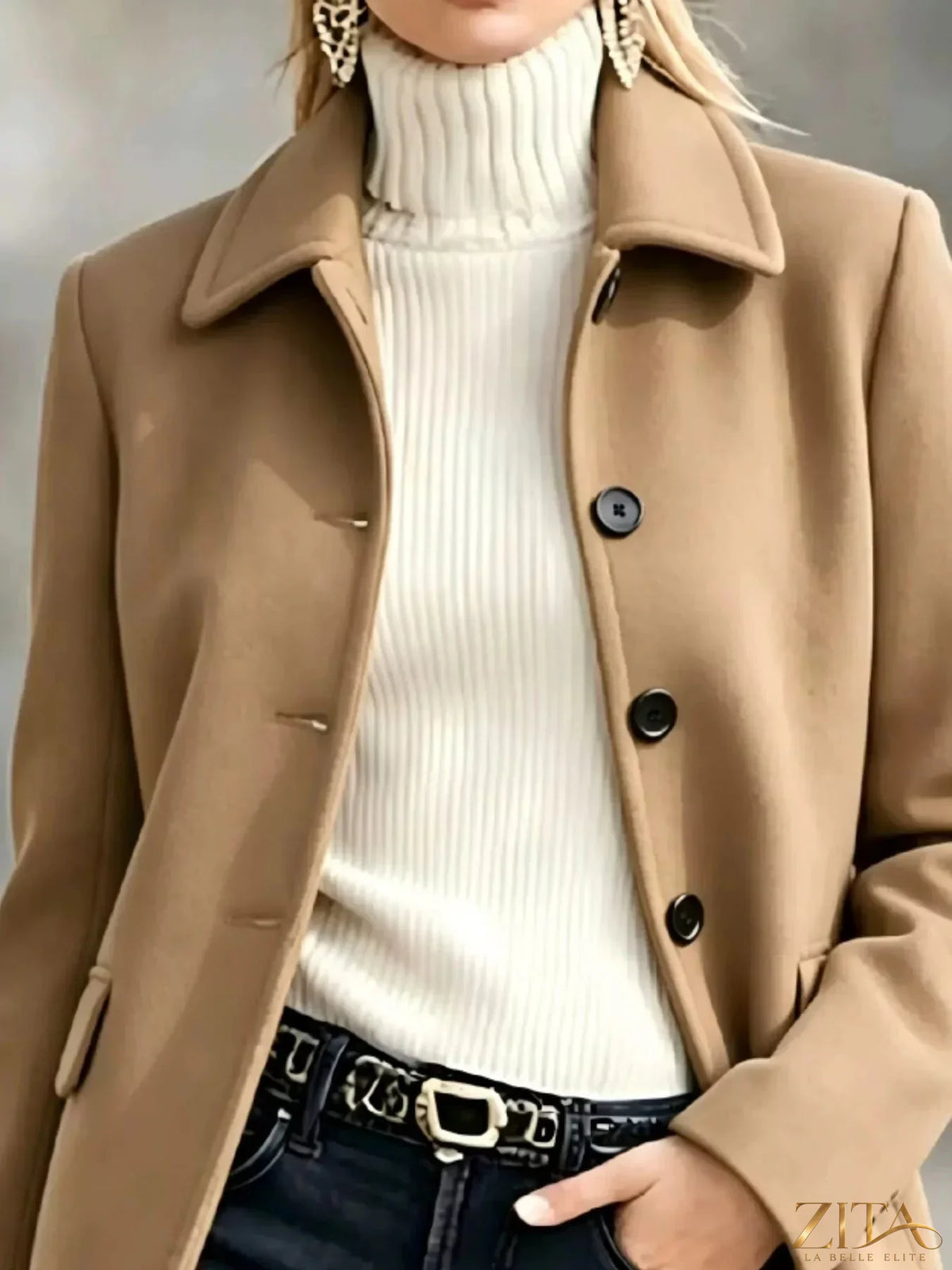 Zita La Belle Elite button-up coat with a collared neck, featuring a classic design and button details, stylish outerwear for cold weather.