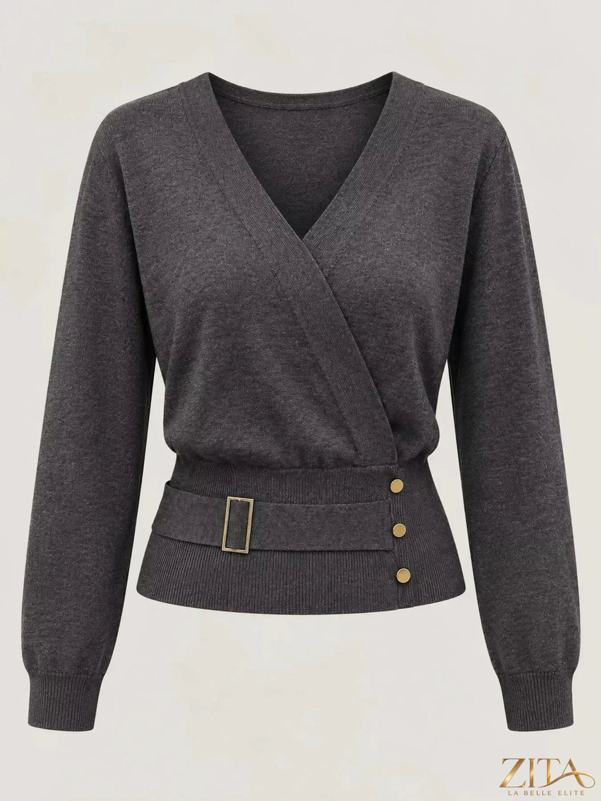 Zita La Belle Elite surplice long sleeve knit top with elastic waist, featuring a flattering V-neck design and soft, stretchy fabric.