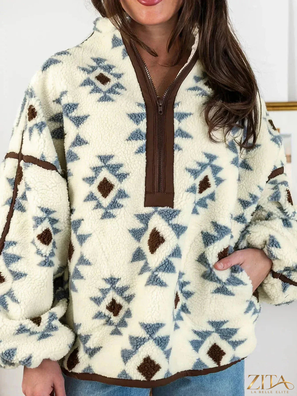 Zita La Belle Elite geometric print sherpa western-style long sleeve sweatshirt with bold patterns and cozy fabric.