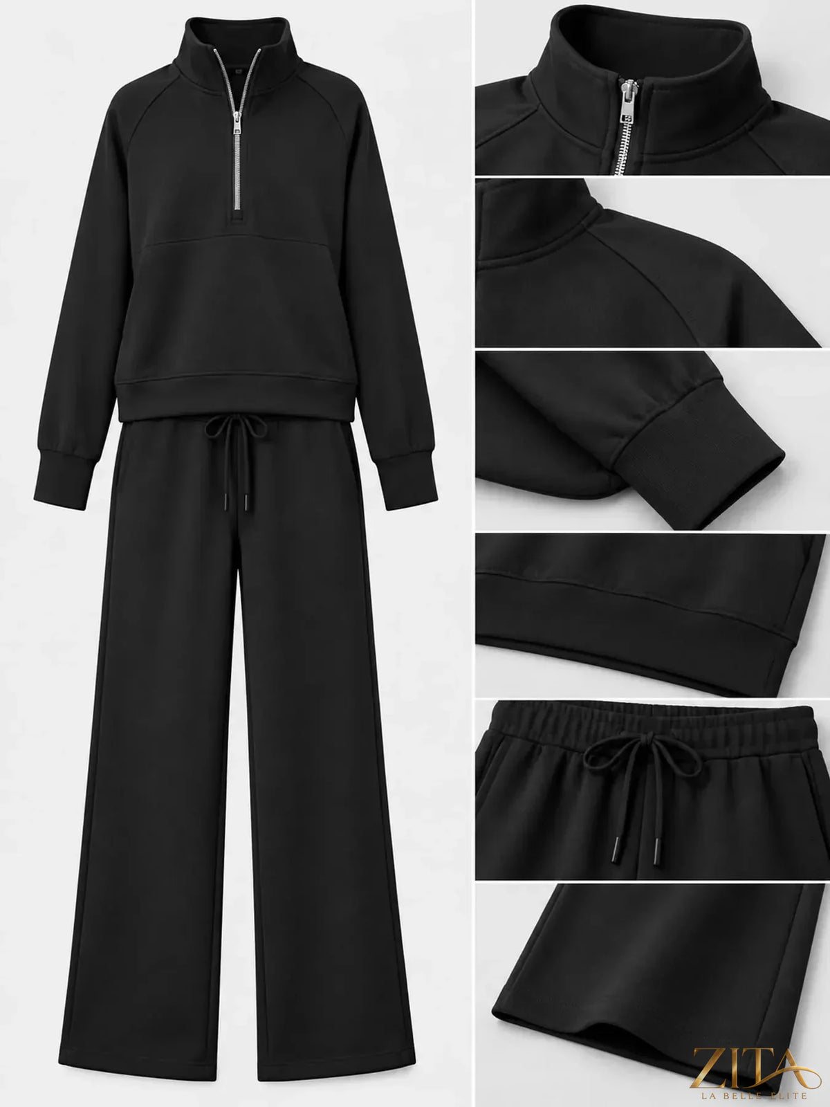 Zita La Belle Elite half-zip sweatshirt and wide-leg pants set in soft fabric, displayed on a neutral background.