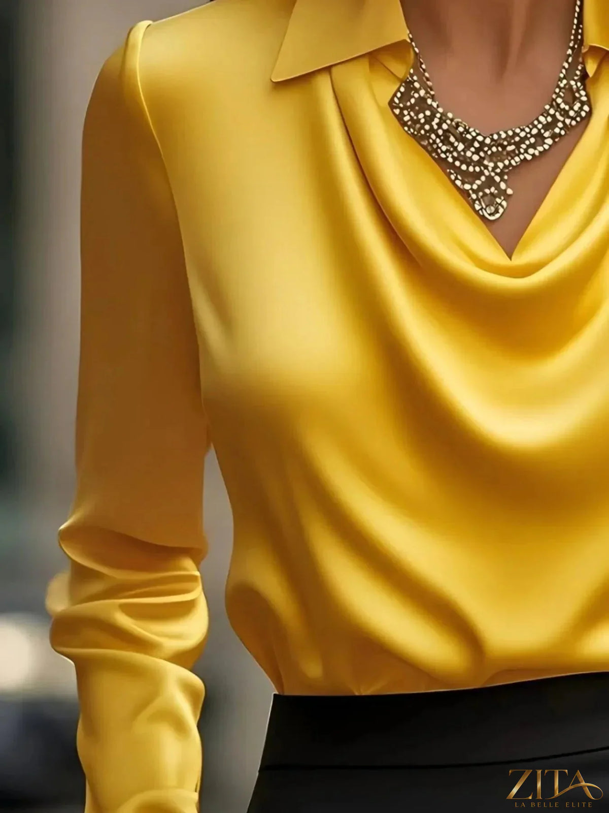 Zita La Belle Elite satin collar long sleeve blouse in elegant fabric, featuring a tailored fit and stylish design.