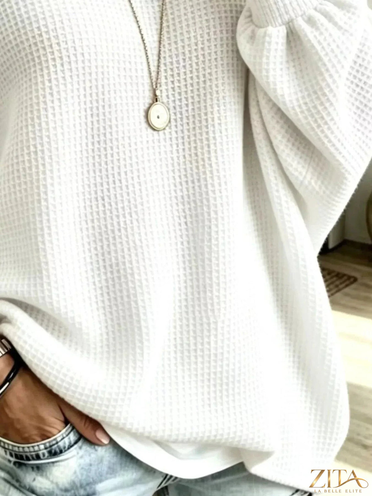 Plus size Zita La Belle Elite waffle knit boat neck sweatshirt with full size fit, featuring a cozy, textured boat neckline.