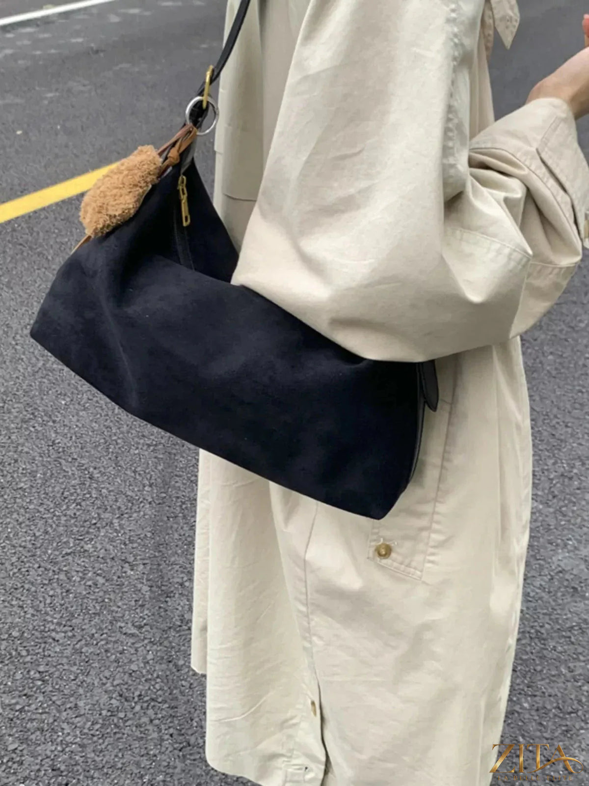 Zita La Belle Elite solid color suede hobo crossbody bag with soft texture and spacious interior, stylishly designed for everyday use.
