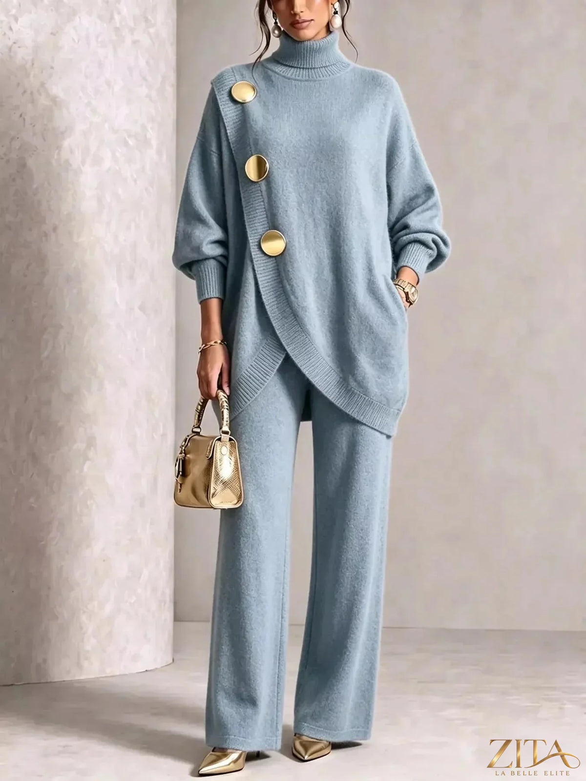 Gold button accent turtleneck sweater and matching pants set by Trendsi, featuring a cozy knit design and stylish gold button details.