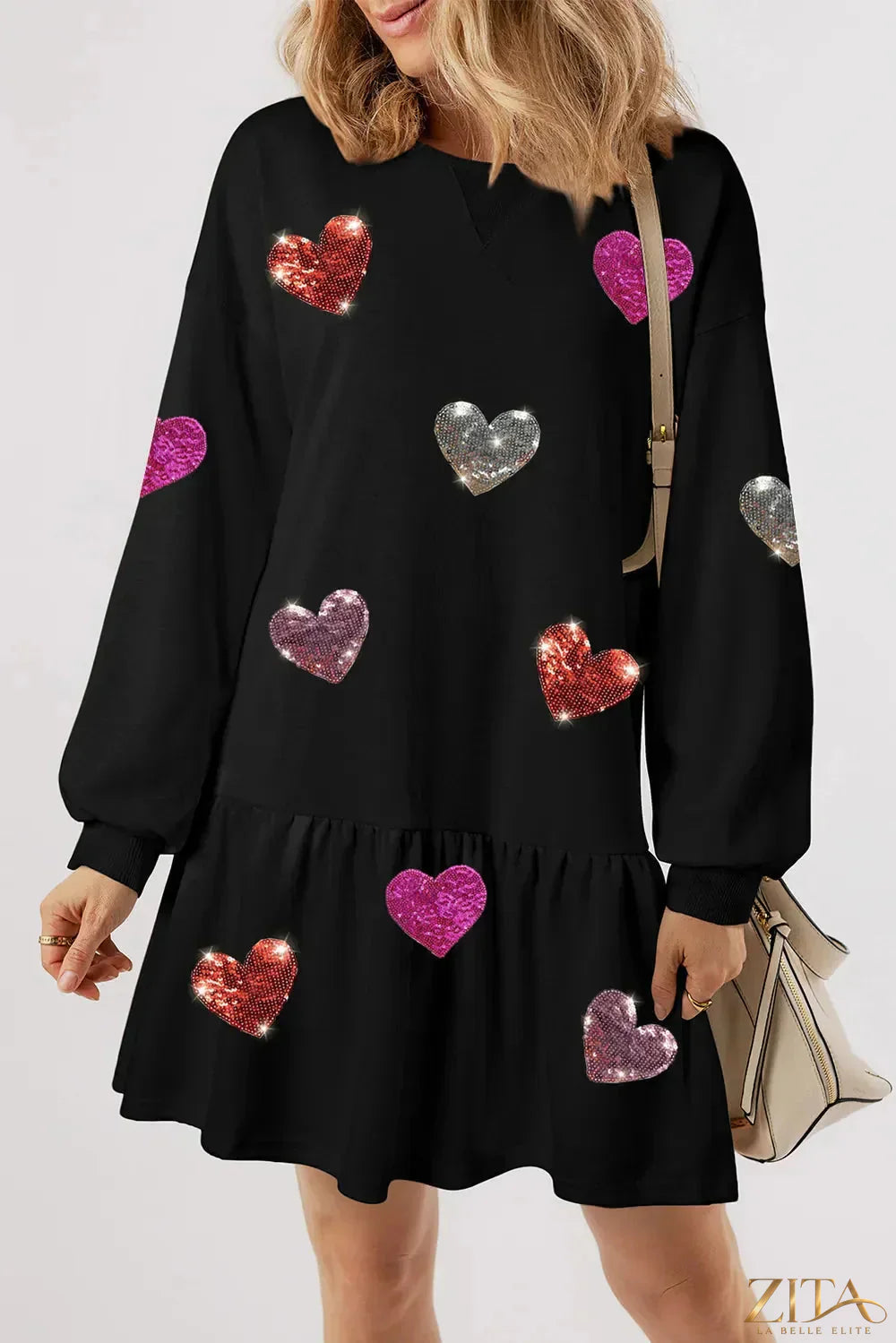 Zita La Belle Elite sequin heart round neck long sleeve mini dress, stylish evening wear with shimmering details and fitted silhouette.