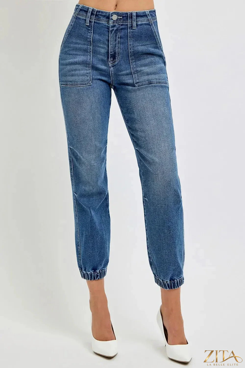 Zita La Belle Elite RISEN full size high rise ankle jogger jeans in dark denim with a relaxed fit and cuffed ankles.