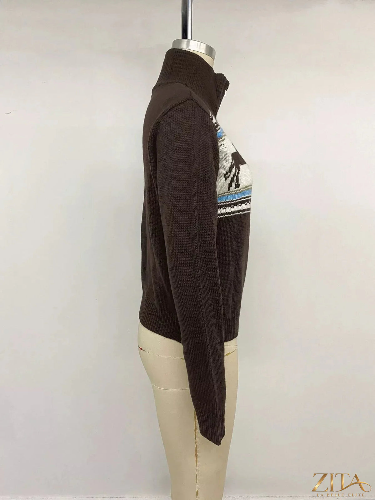 Zita La Belle Elite horse zip-up mock neck cardigan in soft knit fabric, featuring a front zipper and mock neckline.