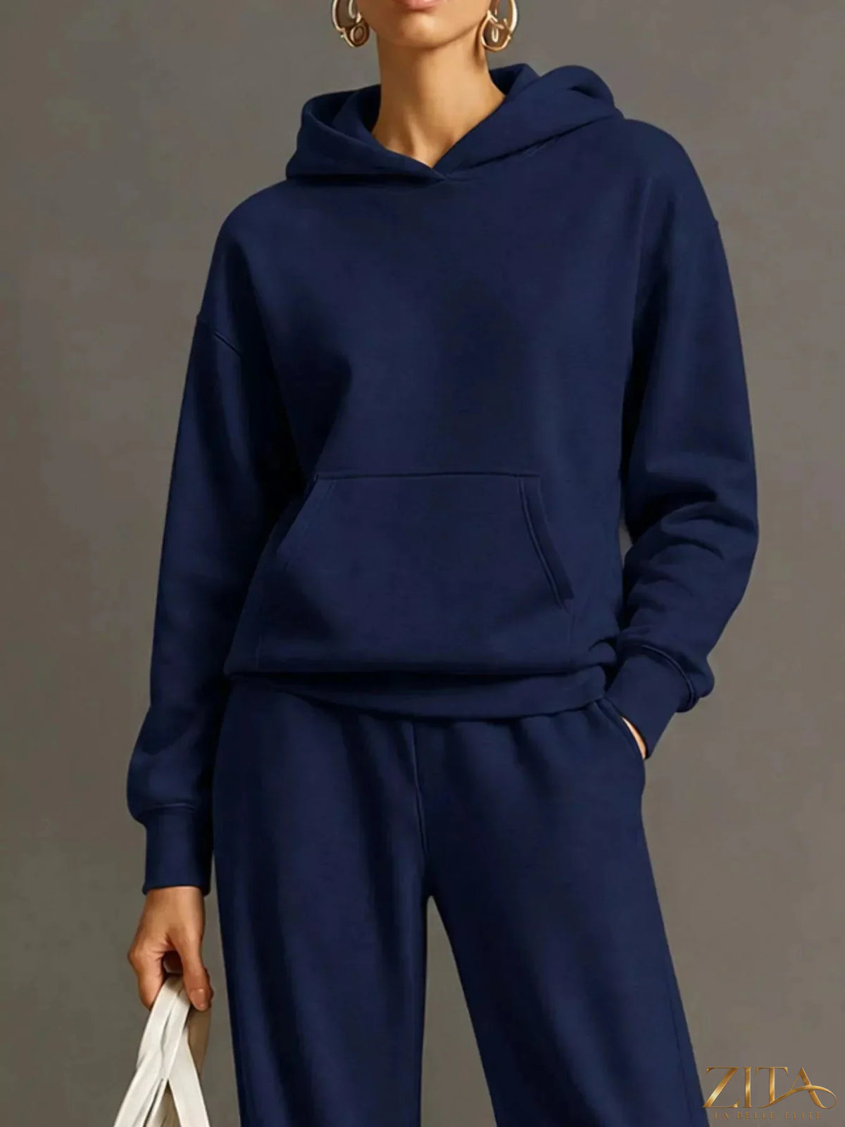 Zita La Belle Elite kangaroo pocket hoodie and matching pants set, casual two-piece outfit with front pocket and cozy fabric.