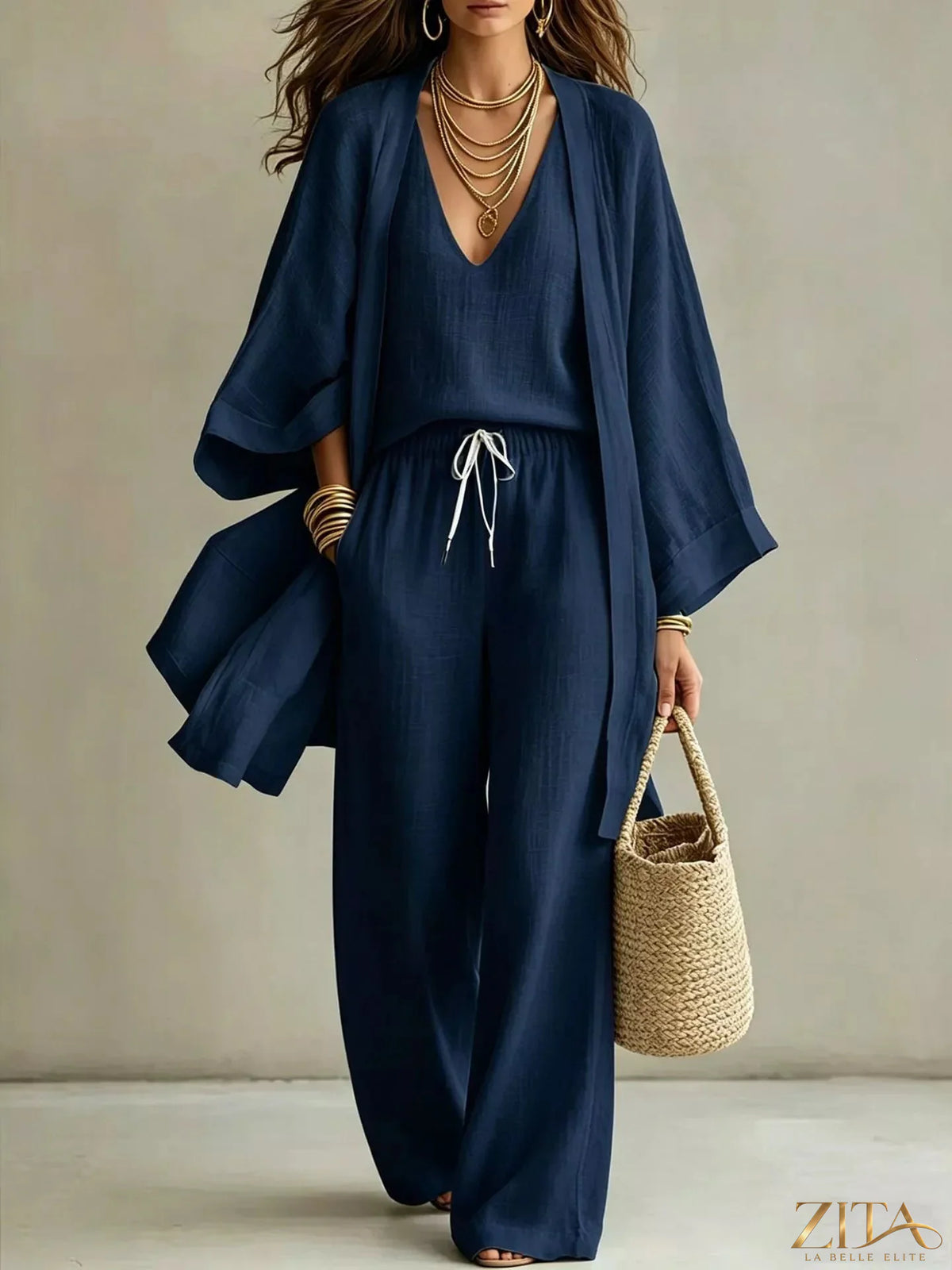 Zita La Belle Elite three-piece V-neck top, cardigan, and pants set, stylish and comfortable ensemble for casual or office wear.