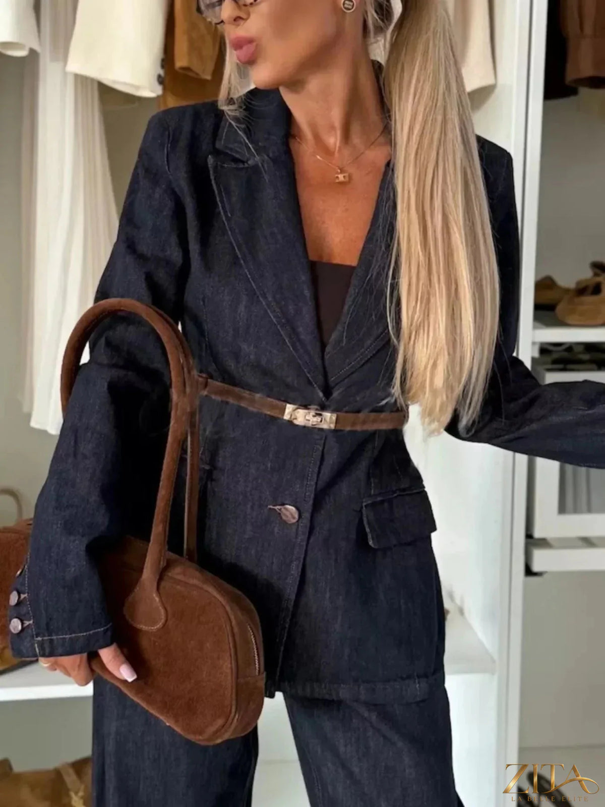 Zita La Belle Elite single-breasted washed denim blazer with tailored fit and classic lapel, displayed on a hanger.