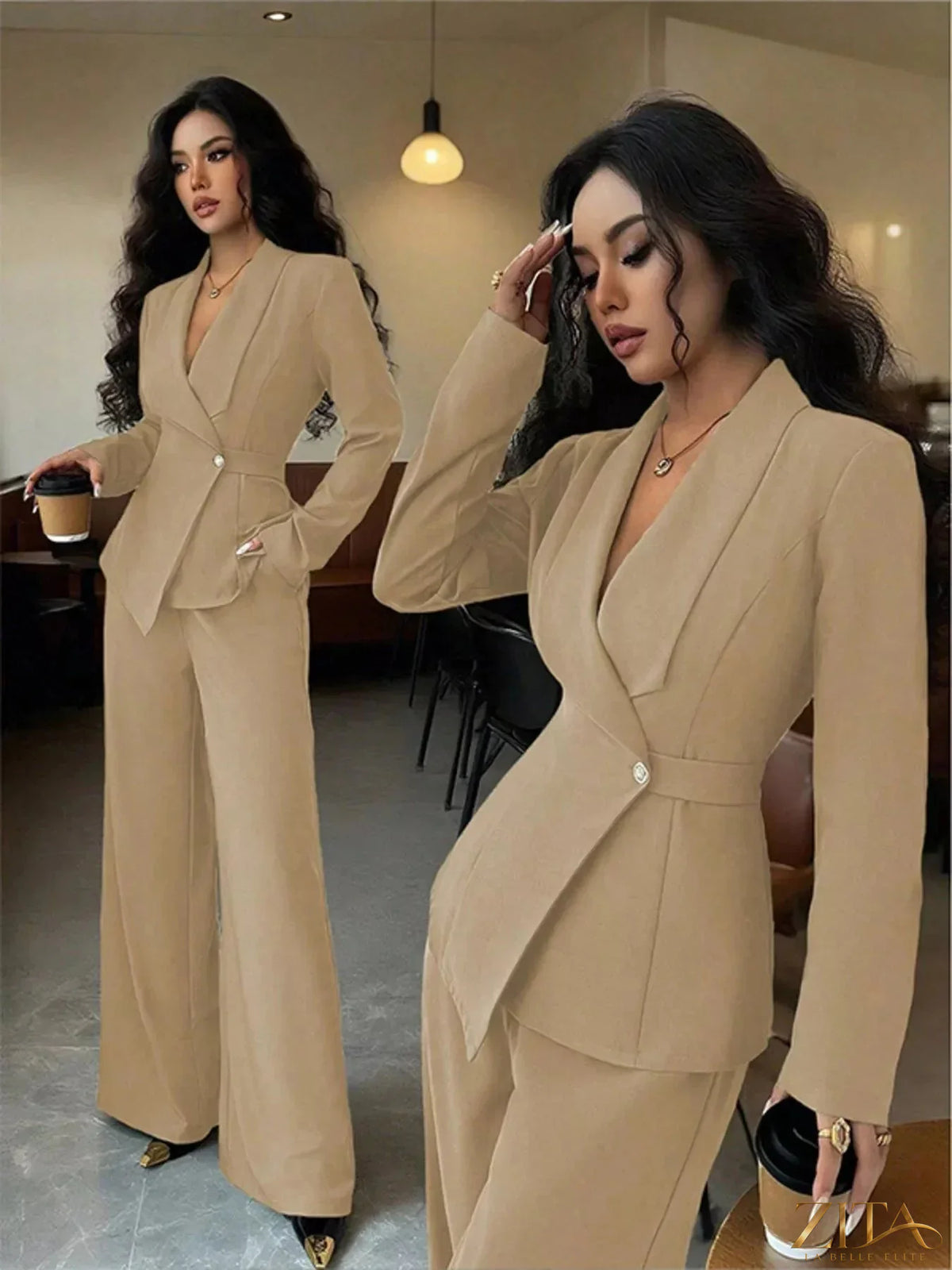 Zita La Belle Elite one-button blazer and matching pants set, tailored fit with classic design, in neutral fabric.