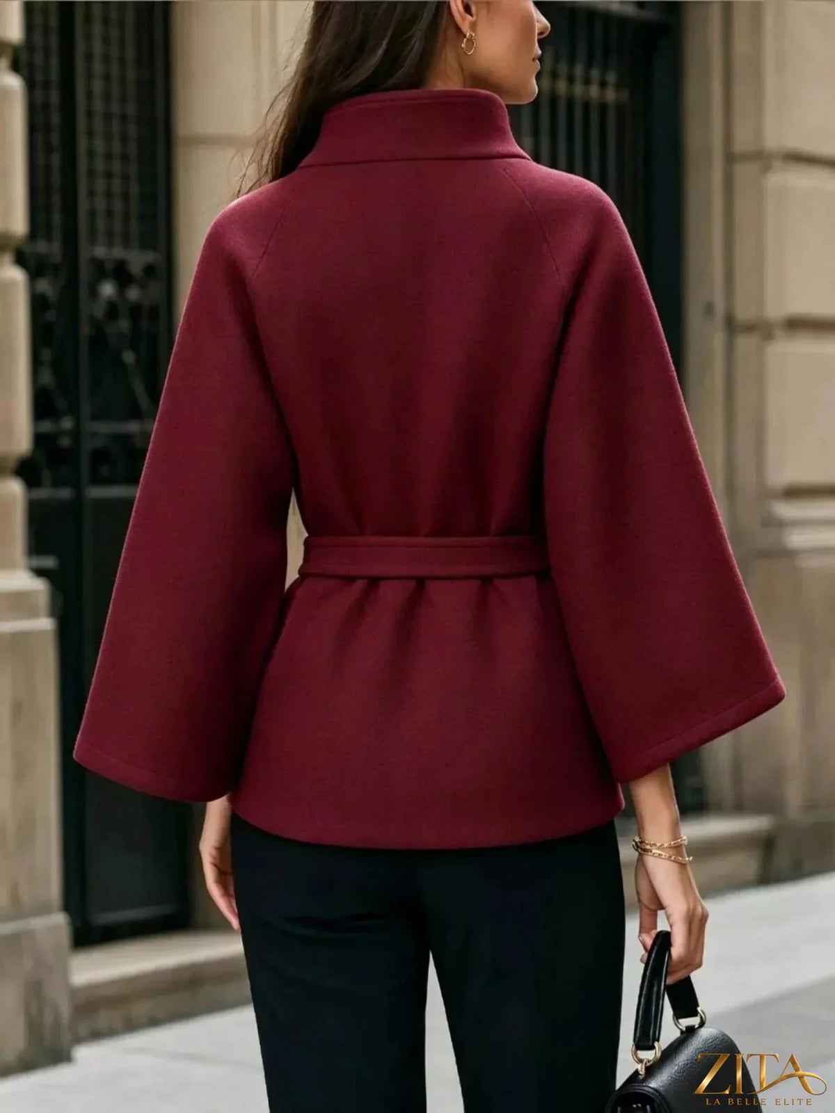 Zita La Belle Elite button-down cape coat with belted waist, shown in a stylish, tailored design on a model.