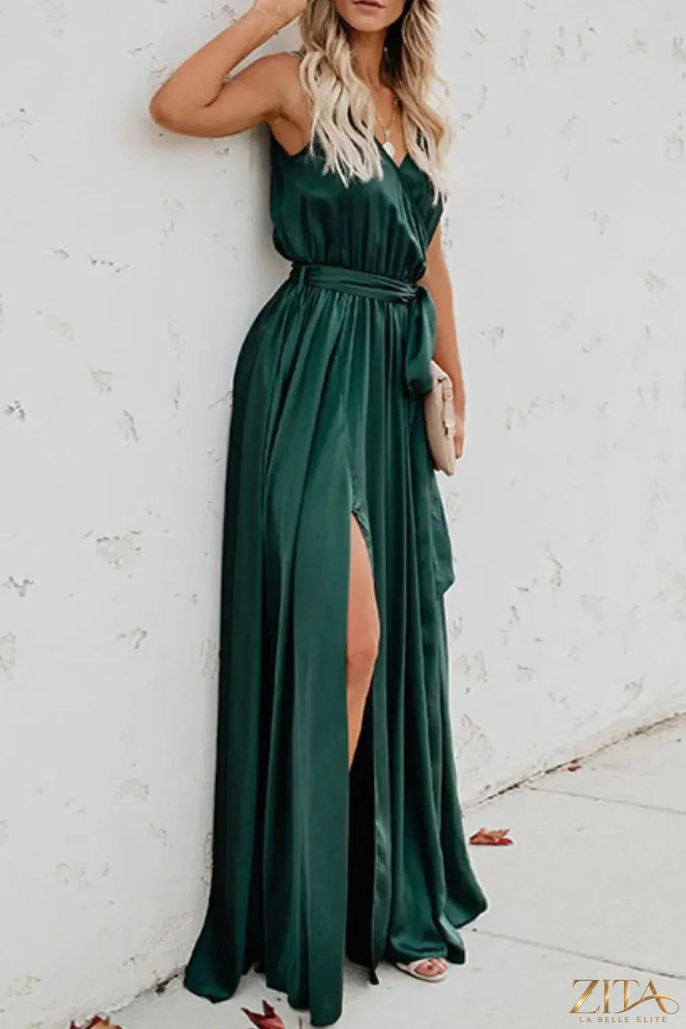 Zita La Belle Elite surplice tie waist maxi dress in flowy fabric, showcasing elegant silhouette and stylish design.