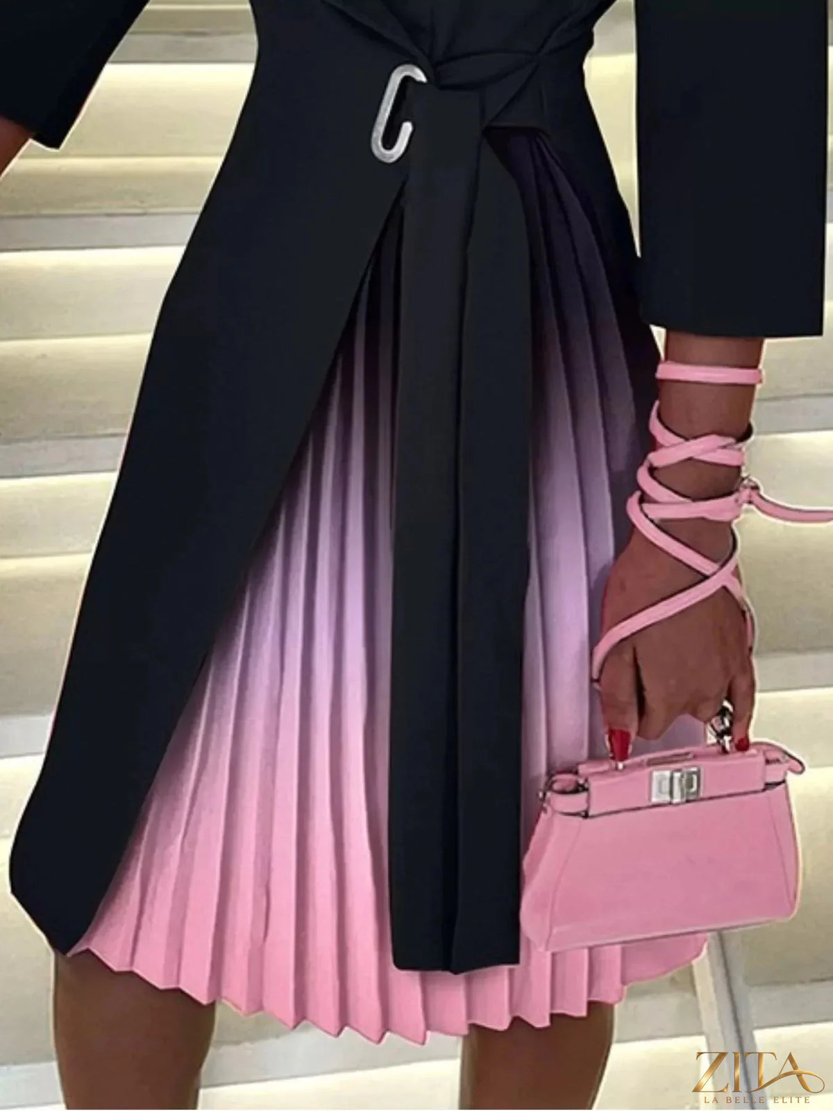 Zita La Belle Elite blazer-style pleated midi dress with a fitted bodice and flowing skirt, elegant and stylish for formal occasions.