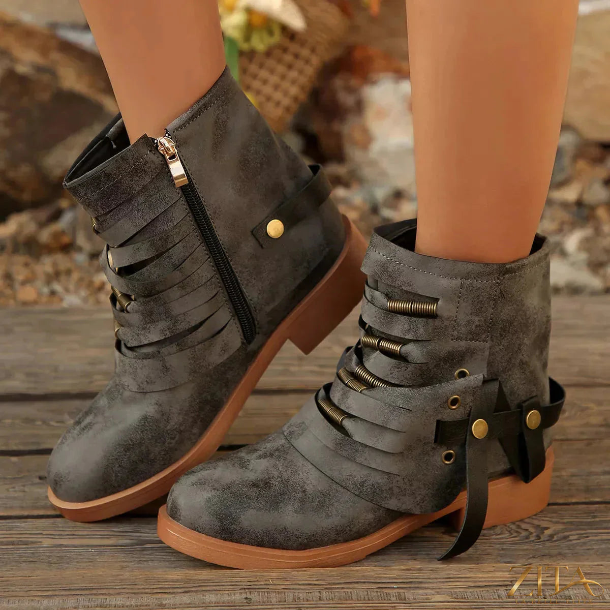 Zita La Belle Elite strappy buckle ankle boots with chunky heels and leather straps, stylish for casual or dressy outfits.
