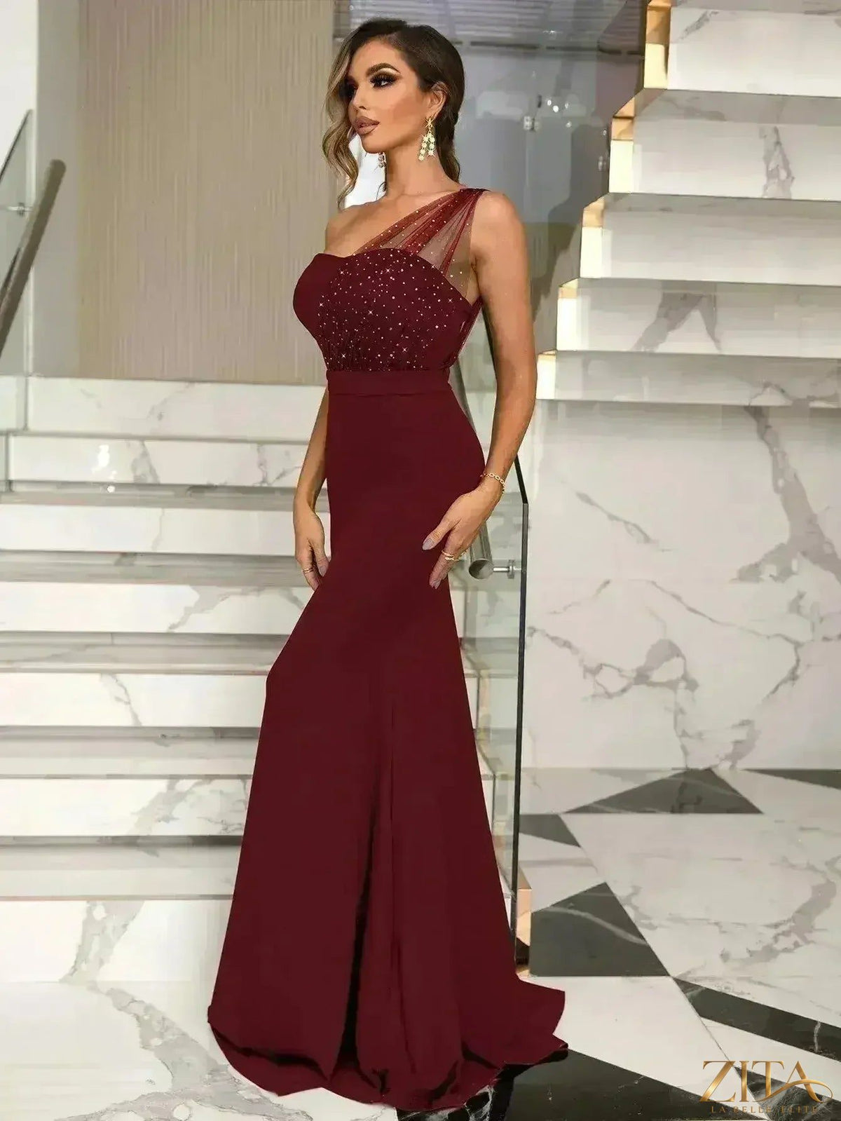 Zita La Belle Elite rhinestone one-shoulder formal dress for women, elegant evening gown with sparkling embellishments.