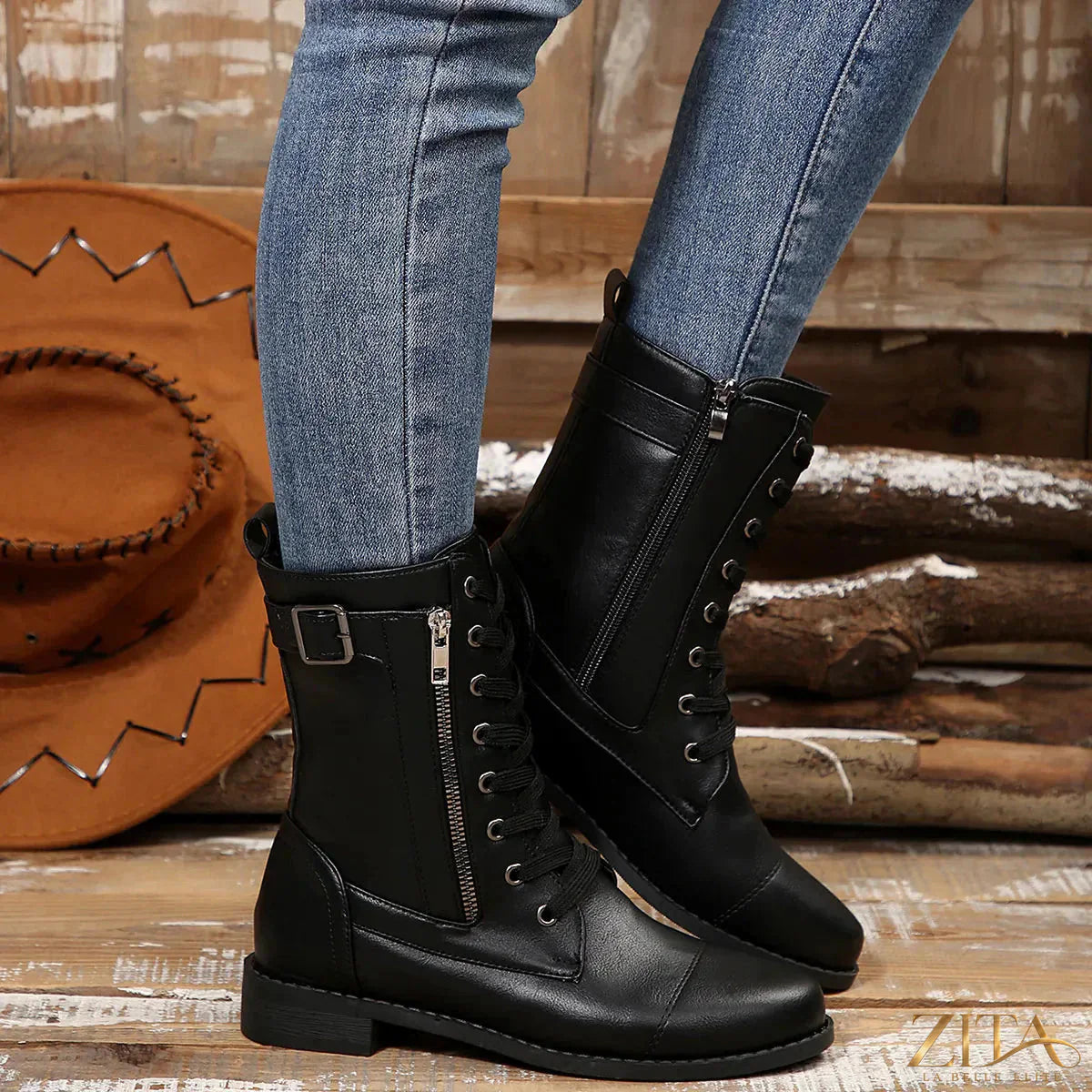 Zita La Belle Elite round toe lace-up block heel boots with sturdy heel and sleek design, shown in black on a white background.