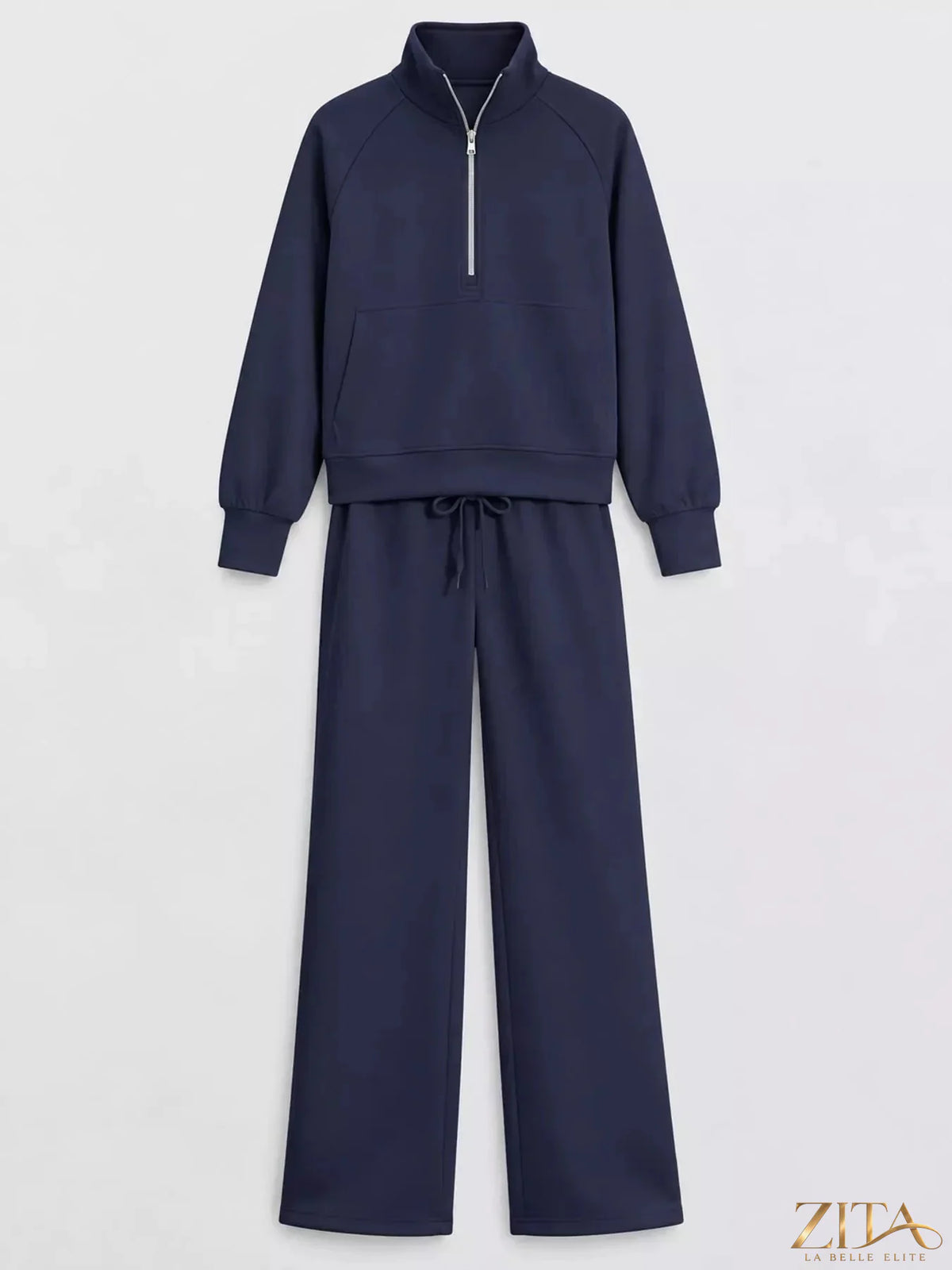 Zita La Belle Elite half-zip sweatshirt and wide-leg pants set in soft fabric, stylish loungewear ensemble for casual wear