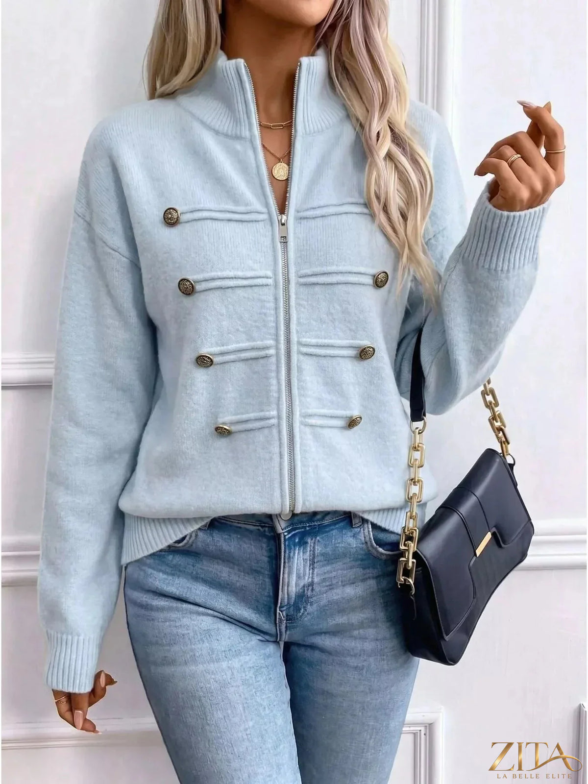 Zita La Belle Elite zip-up long sleeve cardigan in soft knit fabric, shown open with front pockets and ribbed cuffs.