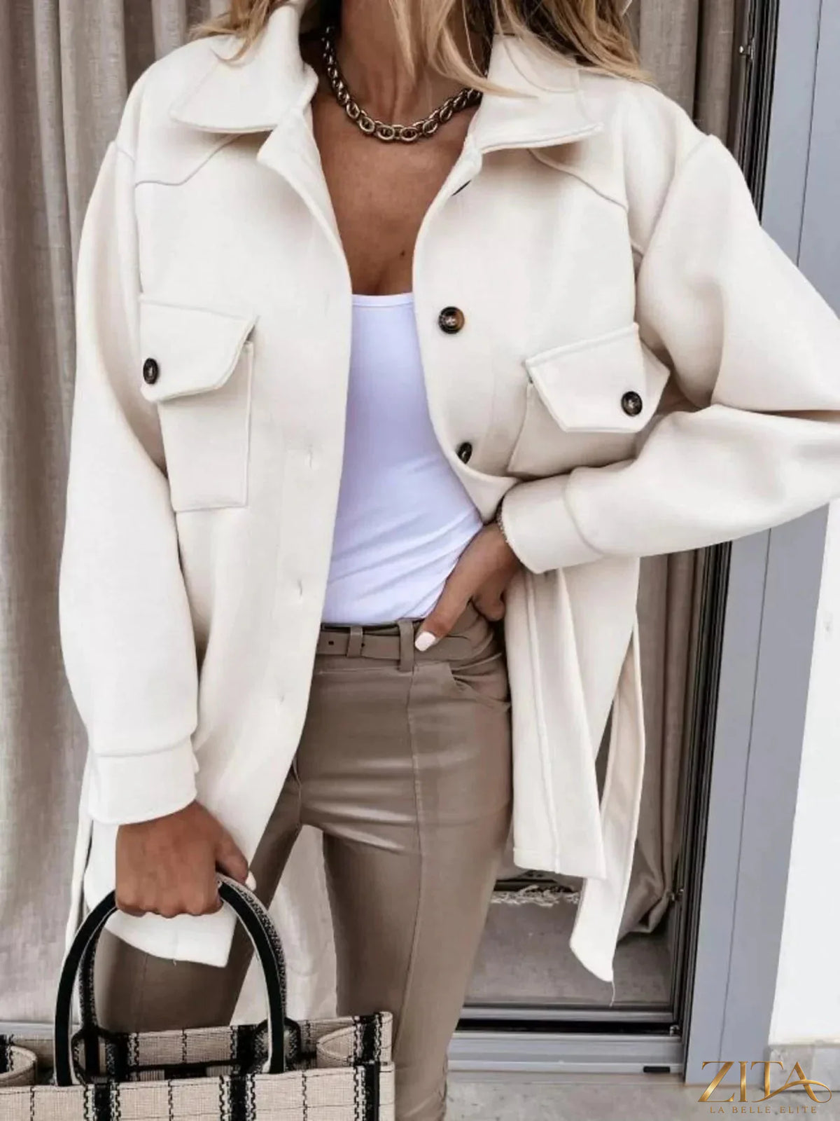 Zita La Belle Elite button-down tie waist coat with long sleeves and tailored fit, shown in a stylish outerwear design.