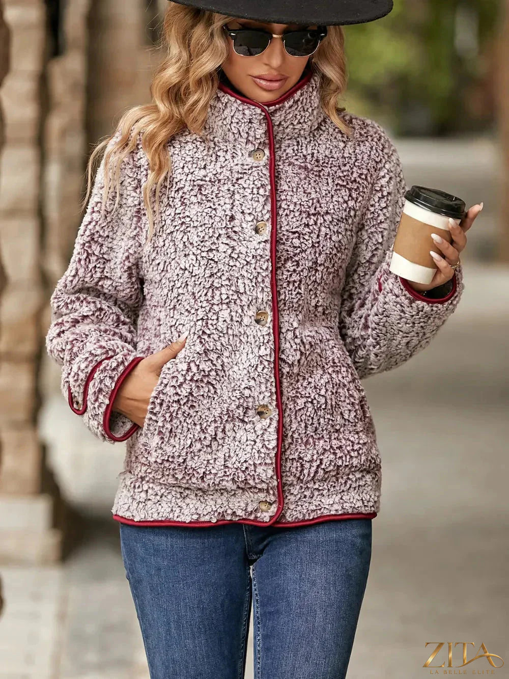 Zita La Belle Elite fuzzy pocketed button-up jacket featuring a soft texture and front pockets, stylish outerwear for casual wear.