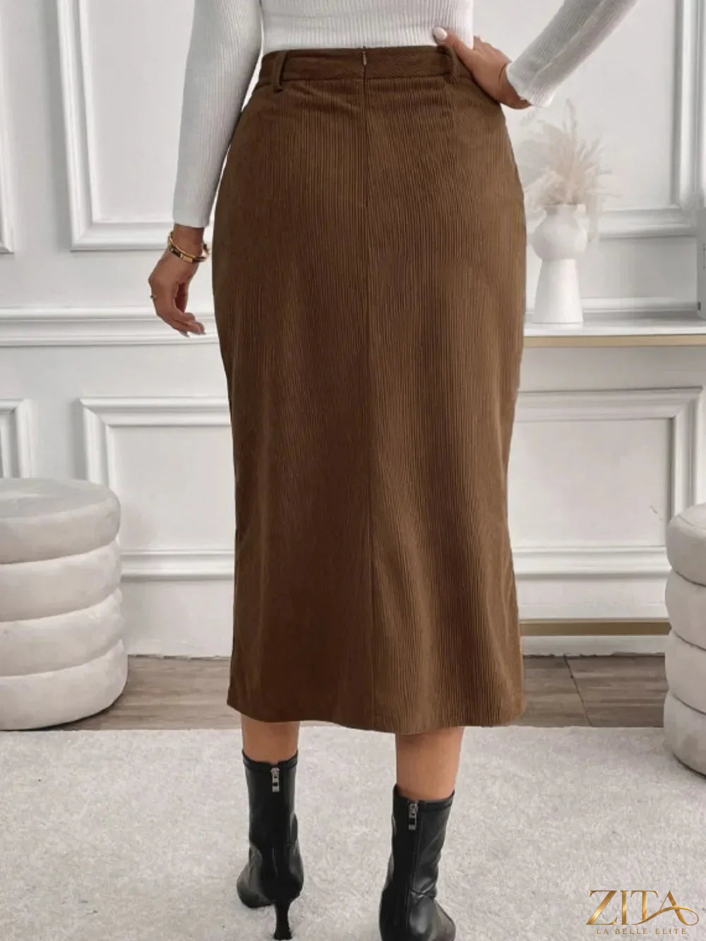 Zita La Belle Elite Perfee slit midi skirt with pockets, black flowy skirt with high slit, stylish and comfortable for casual wear