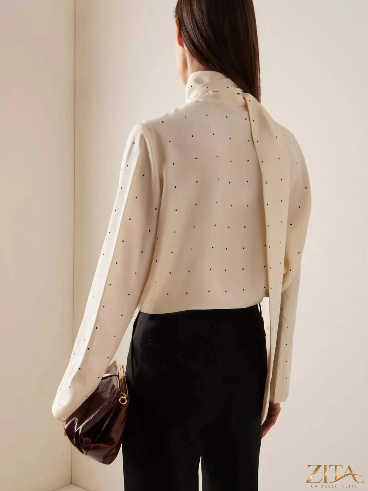 Polka dot silk blouse with scarf neck tie from Zita La Belle Elite, featuring a stylish and elegant design.