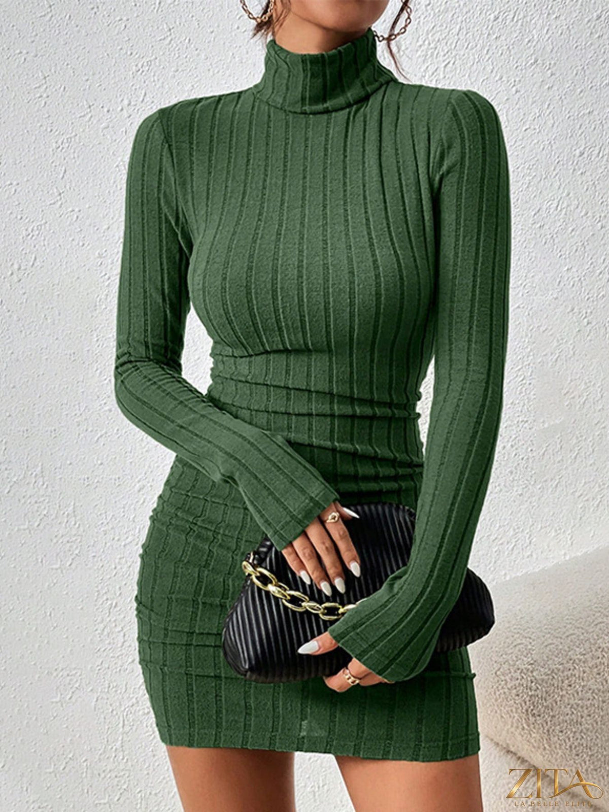 Ribbed black turtleneck bodycon mini dress by Trendsi, form-fitting design with long sleeves and a high neckline.