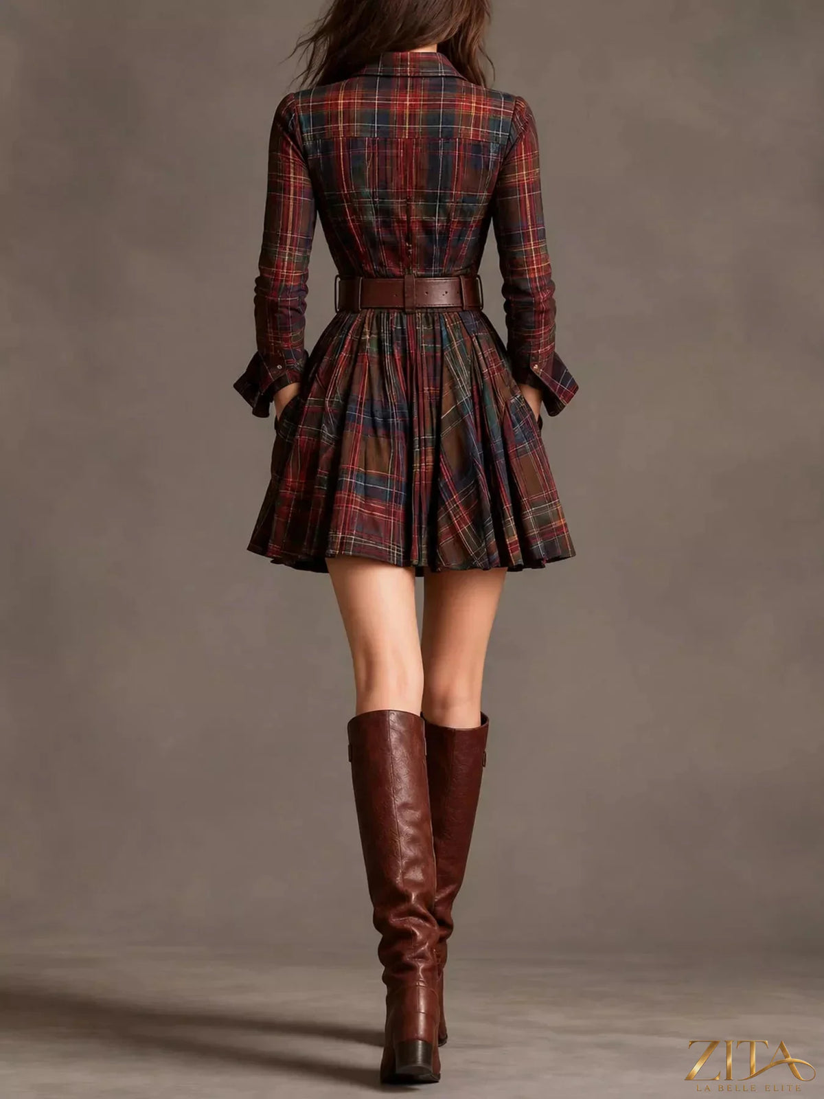 Zita La Belle Elite plaid long-sleeve shirt dress with collar and button-down front, stylish and comfortable casual outfit