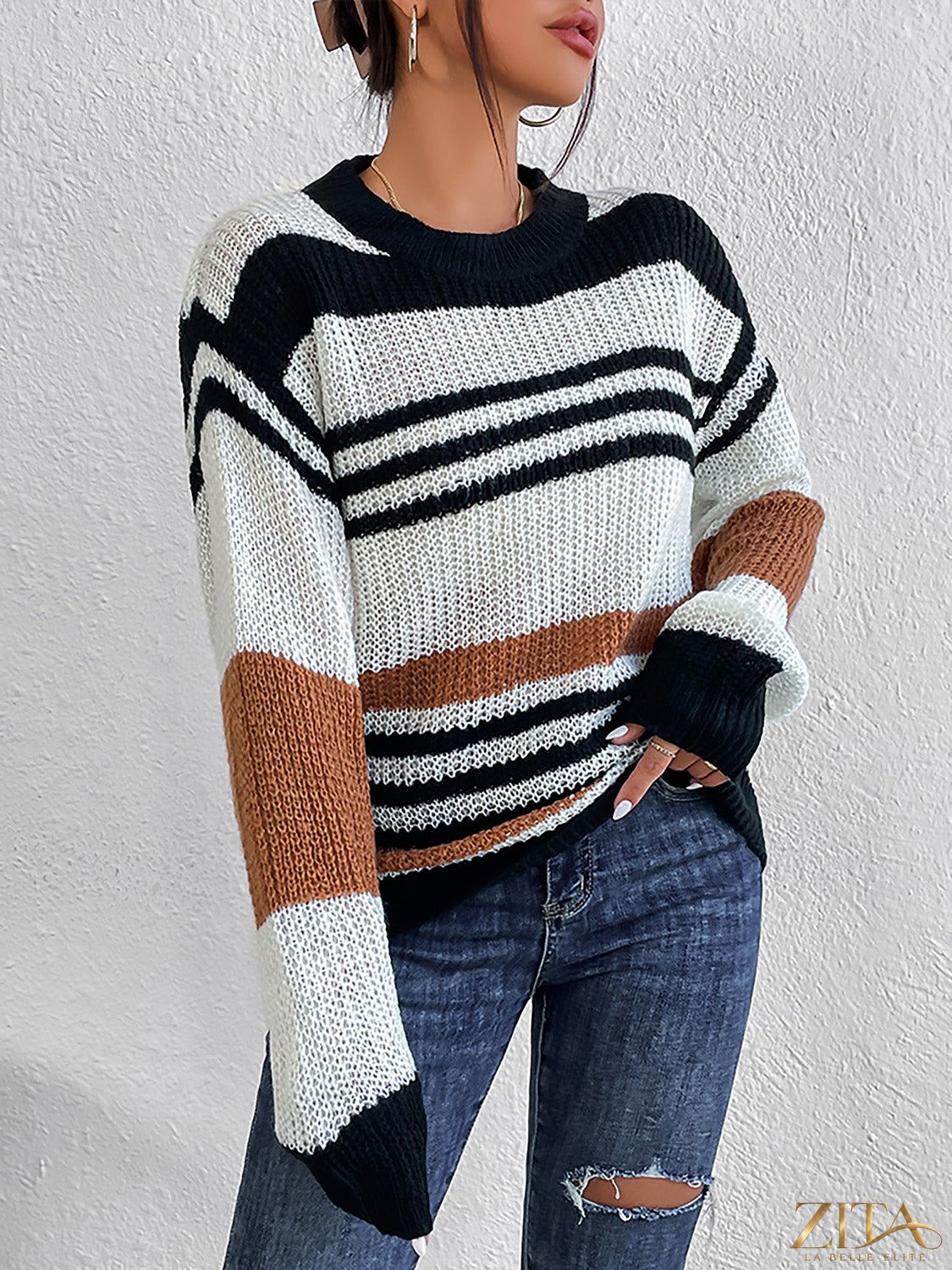 Zita La Belle Elite striped round neck sweater featuring multicolor horizontal stripes and a comfortable fit.