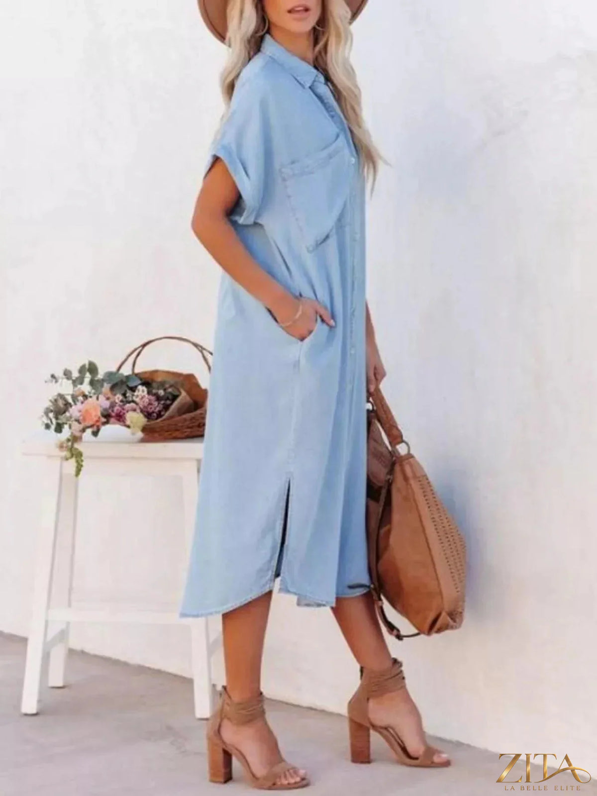Zita La Belle Elite casual shirt dress with side slits, lightweight fabric, long sleeves, and a flattering fit.