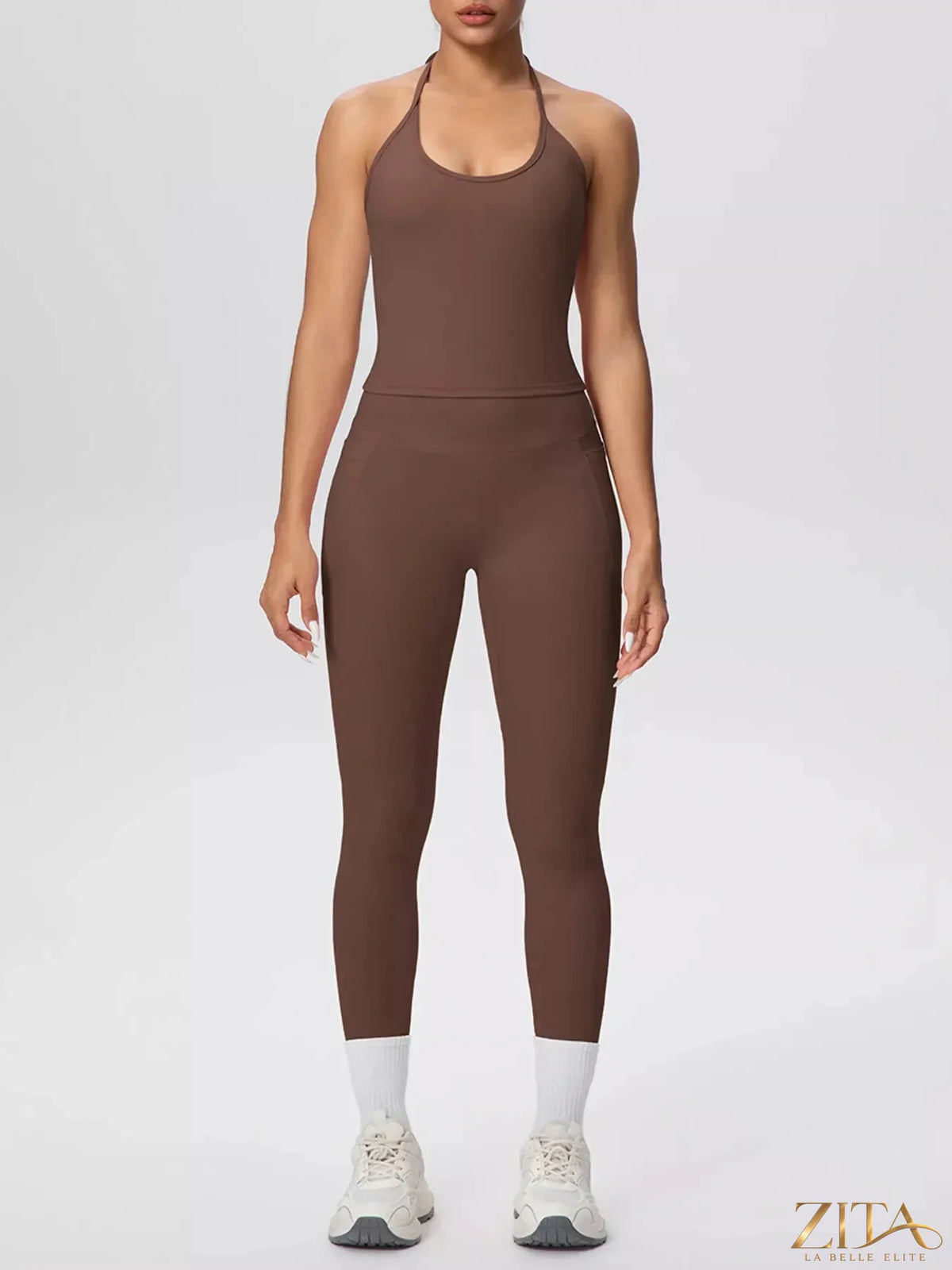 Zita La Belle Elite halter neck cami and high-waisted leggings active set, front view, showcasing breathable fabric and stylish fit.
