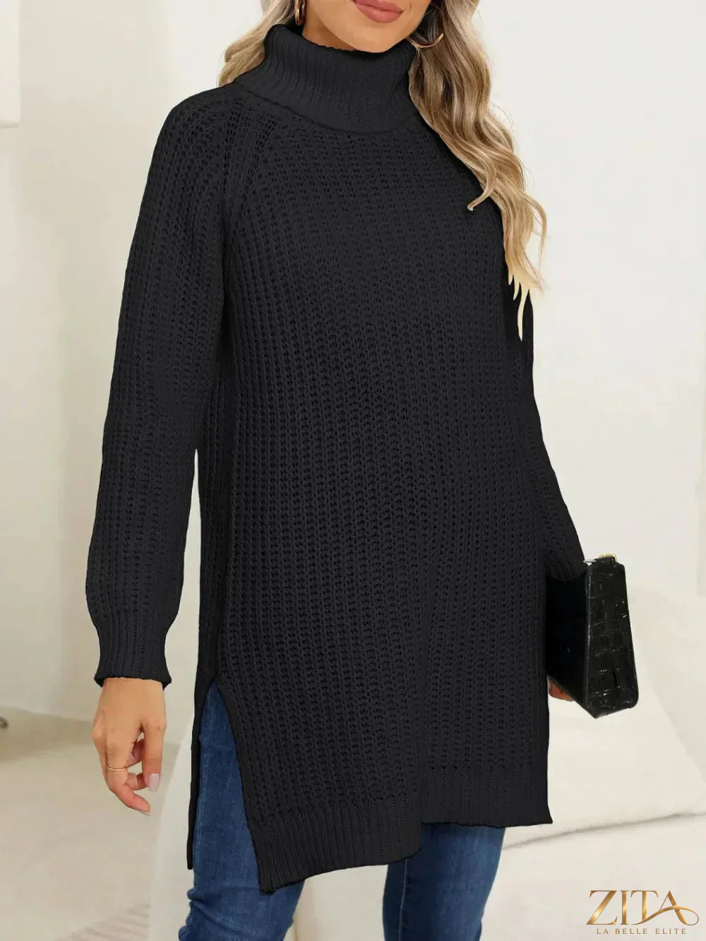 Trendsi slit turtleneck long sleeve sweater featuring a stylish slit detail on the side, made of soft knit fabric in a fitted style.
