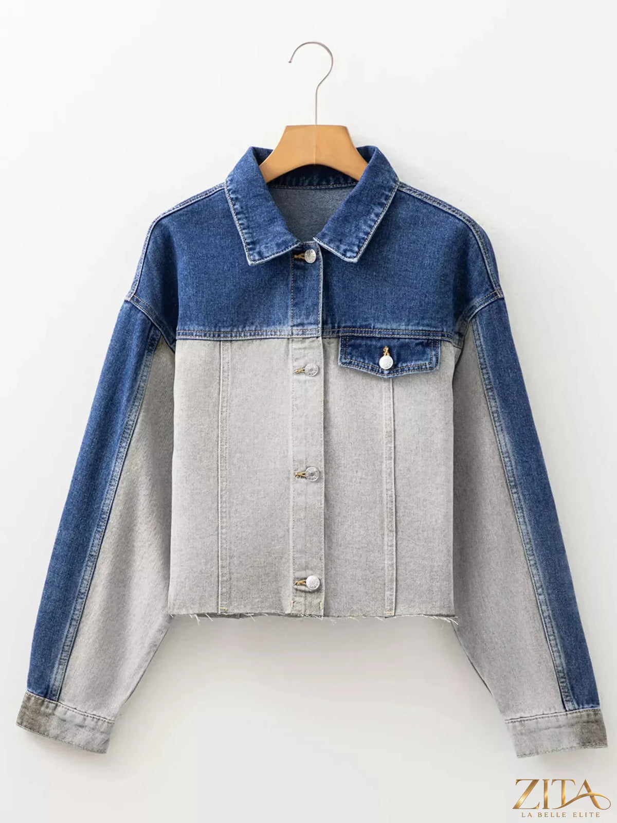 Color block patchwork raw hem denim jacket by Zita La Belle Elite, featuring mixed fabric patches and distressed raw edges.