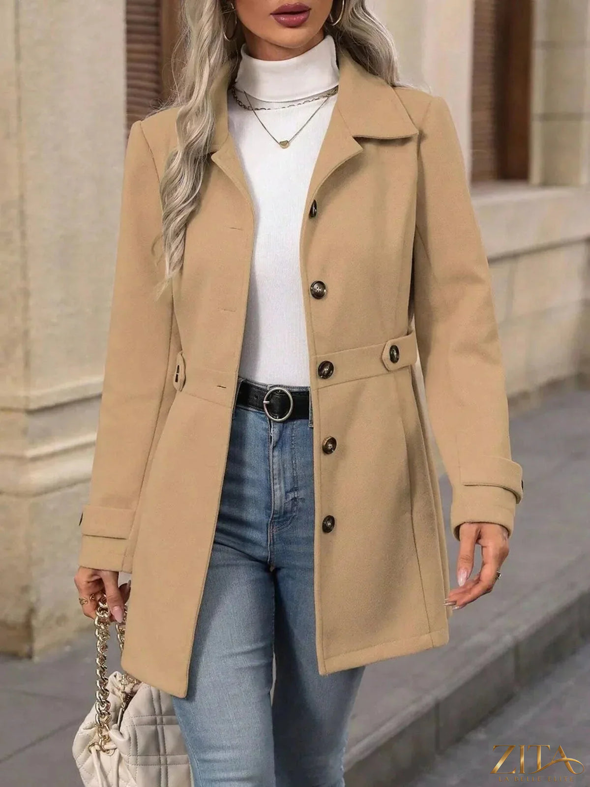 Zita La Belle Elite button-up long sleeve coat in a stylish design, shown with front view and classic collar detail.