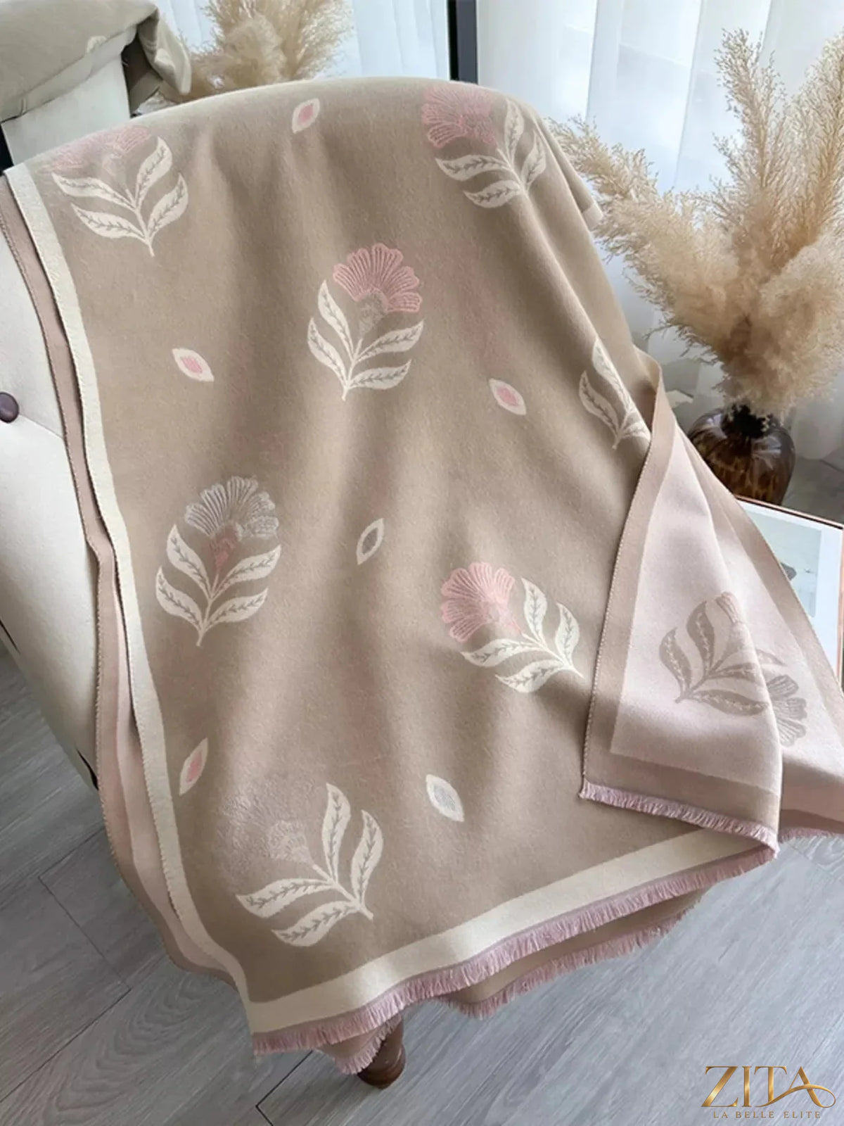 Printed Raw Hem Shawl by Zita La Belle Elite, showcasing the detailed raw hem and vibrant printed fabric.